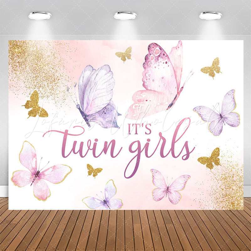 Lofaris Twin Girls Butterfly Glitter Baby Shower Backdrop