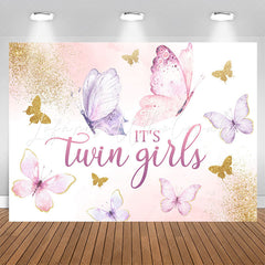 Lofaris Twin Girls Butterfly Glitter Baby Shower Backdrop