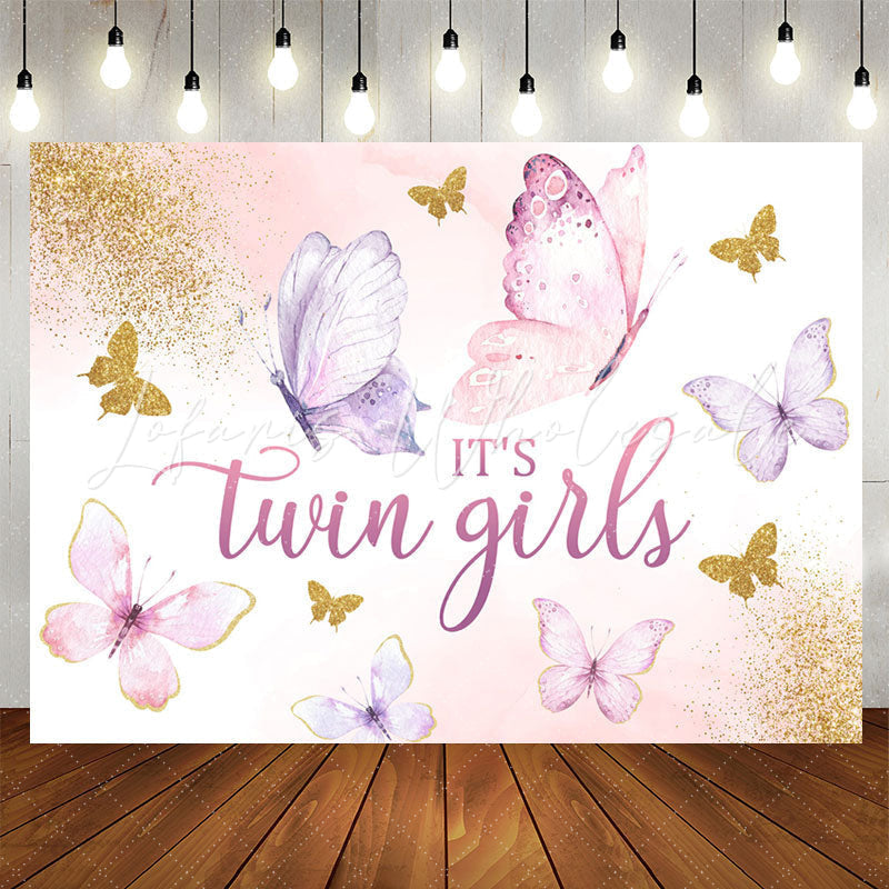 Lofaris Twin Girls Butterfly Glitter Baby Shower Backdrop