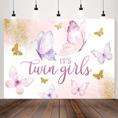 Lofaris Twin Girls Butterfly Glitter Baby Shower Backdrop