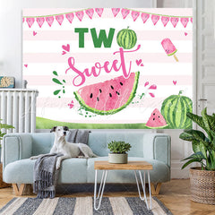 Lofaris Two Sweet Watermelon Pink Stripes 2nd Birthday Backdrop for Girl