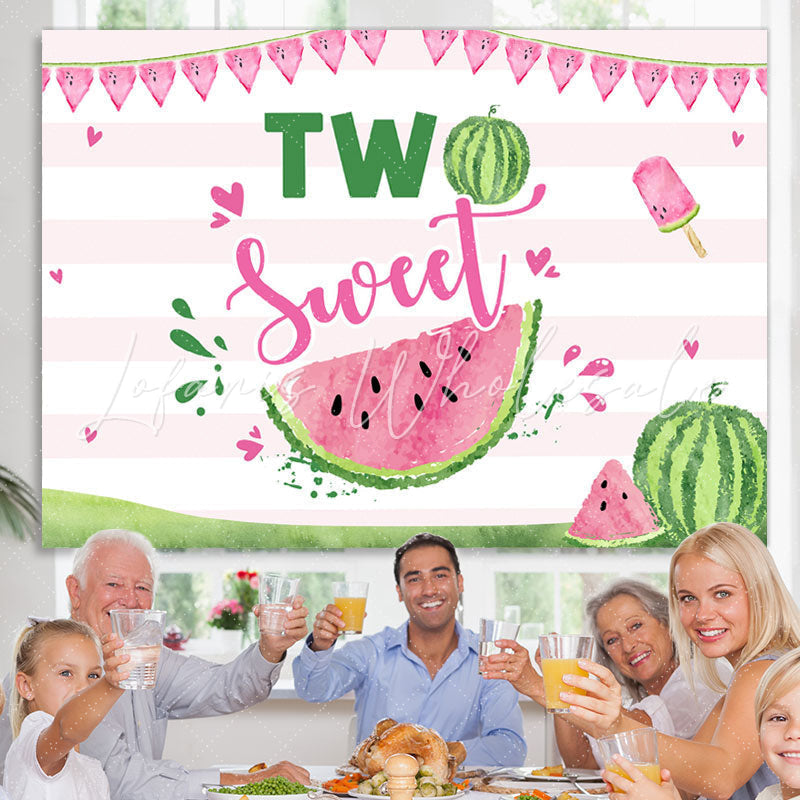 Lofaris Two Sweet Watermelon Pink Stripes 2nd Birthday Backdrop for Girl
