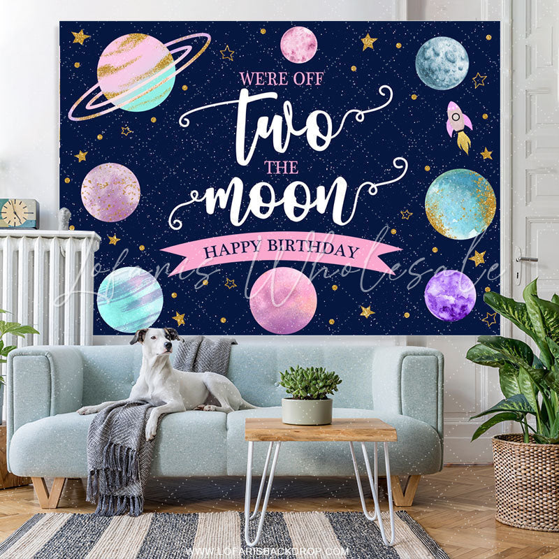 Lofaris Two The Moon Pink Green Planet 2nd Birthday Backdrop