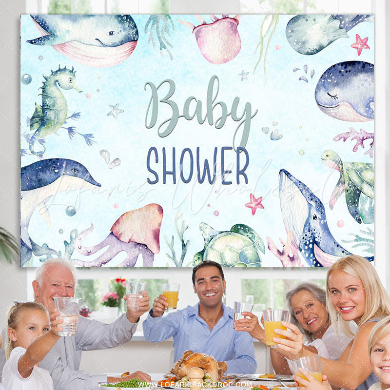 Lofaris Underwater Animals Light Blue Baby Shower Backdrop