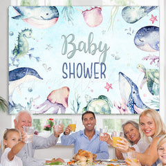Lofaris Underwater Animals Light Blue Baby Shower Backdrop