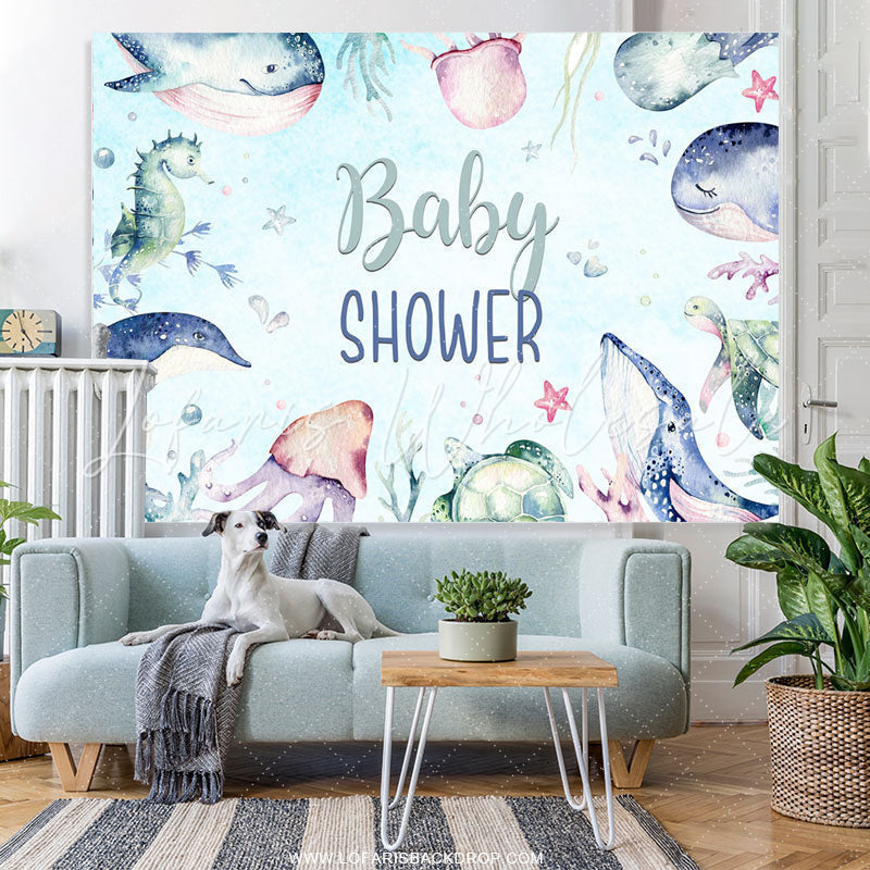 Lofaris Underwater Animals Light Blue Baby Shower Backdrop