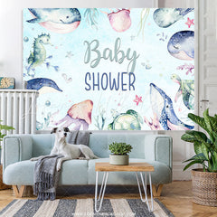 Lofaris Underwater Animals Light Blue Baby Shower Backdrop