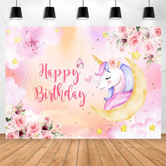 Lofaris Unicorn Pink Floral Butterfly Girl Birthday Backdrop