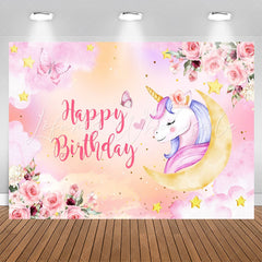 Lofaris Unicorn Pink Floral Butterfly Girl Birthday Backdrop