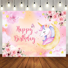 Lofaris Unicorn Pink Floral Butterfly Girl Birthday Backdrop