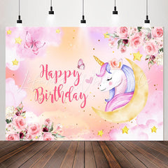 Lofaris Unicorn Pink Floral Butterfly Girl Birthday Backdrop