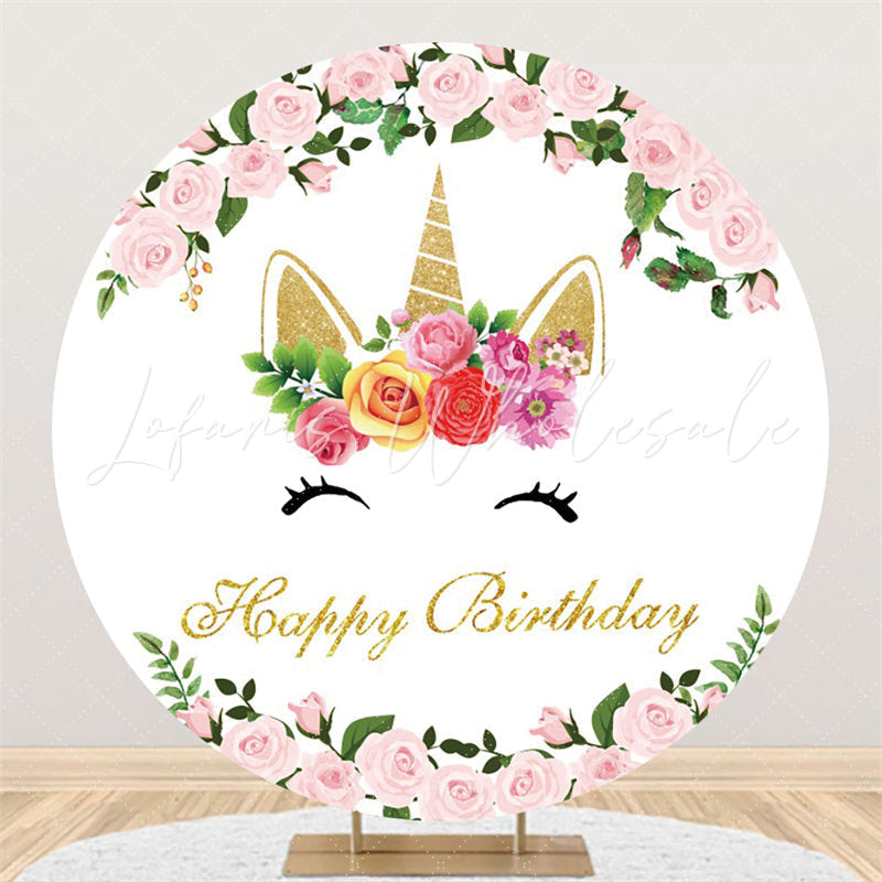 Lofaris Unicorn Pink Flower Happy Birthday Circle Backdrop