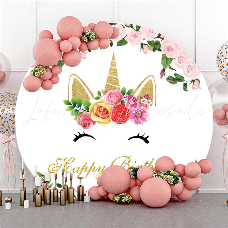 Lofaris Unicorn Pink Flower Happy Birthday Circle Backdrop