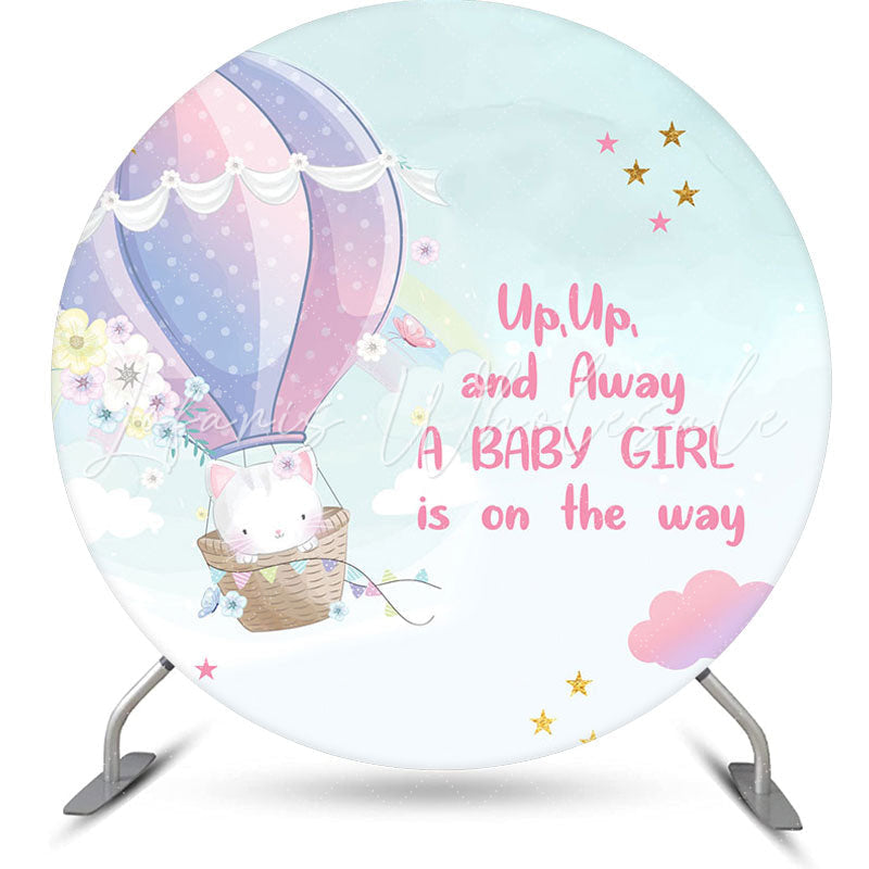 Lofaris Up And Away Balloon Cat Round Baby Shower Backdrop