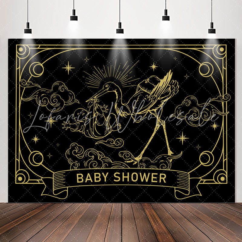 Lofaris Vintage Black Gold Crane Cloud Baby Shower Backdrop
