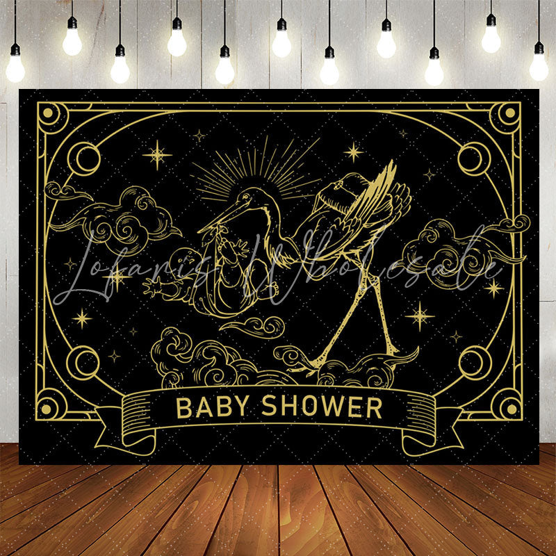 Lofaris Vintage Black Gold Crane Cloud Baby Shower Backdrop