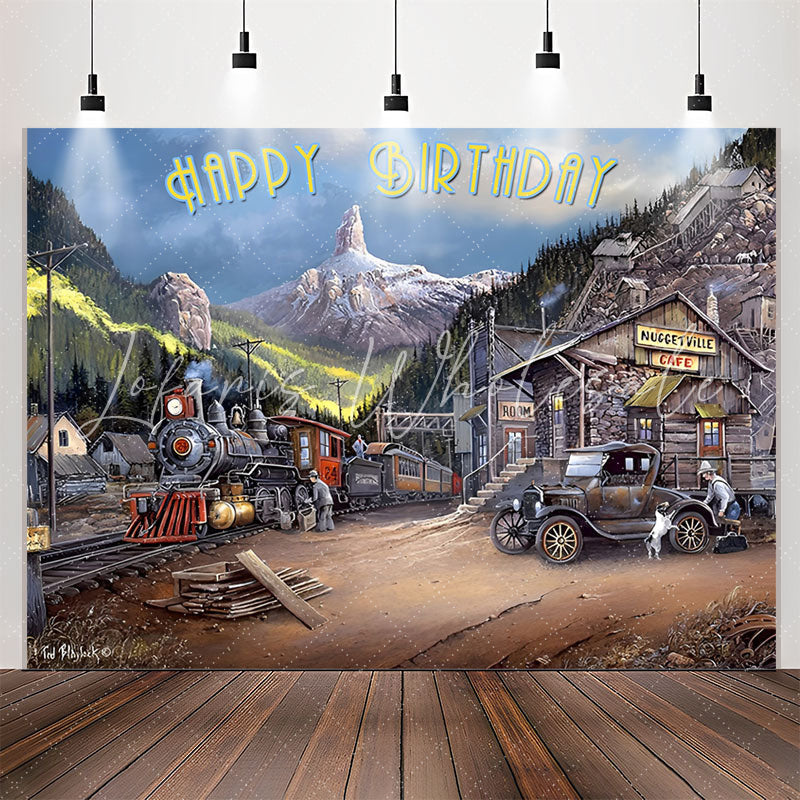 Lofaris Vintage Mountain Train Car Happy Birthday Backdrop