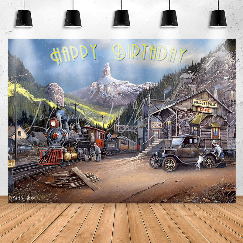Lofaris Vintage Mountain Train Car Happy Birthday Backdrop
