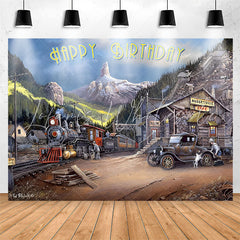 Lofaris Vintage Mountain Train Car Happy Birthday Backdrop