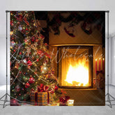 Lofaris Warm Fireplace Christmas Tree Backdrop for Photoshoot