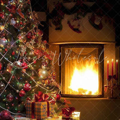 Lofaris Warm Fireplace Christmas Tree Backdrop for Photoshoot