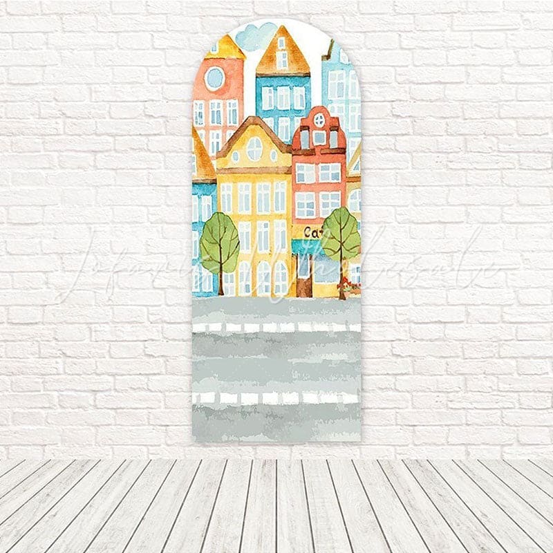 Watercolor Building Art Pastel Town Arch Backdrop For Creative Event