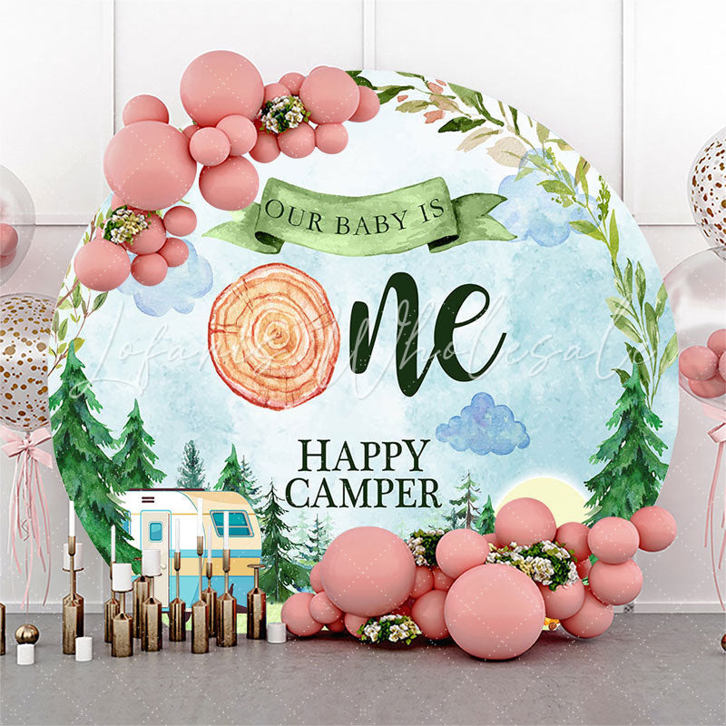 Lofaris Watercolor Forest Camper Round 1St Birthday Backdrop