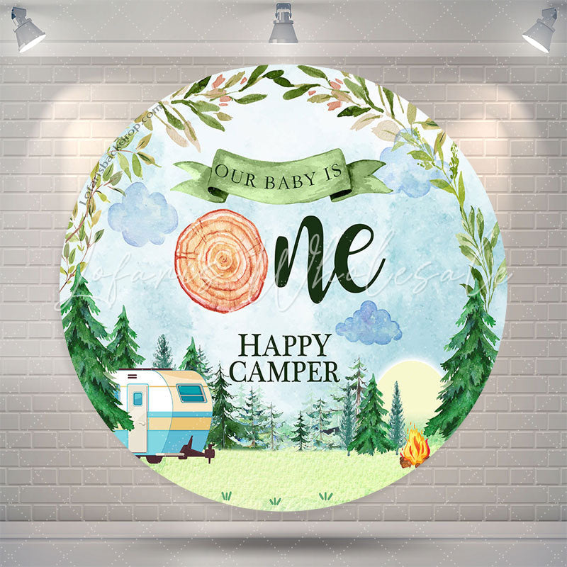 Lofaris Watercolor Forest Camper Round 1St Birthday Backdrop