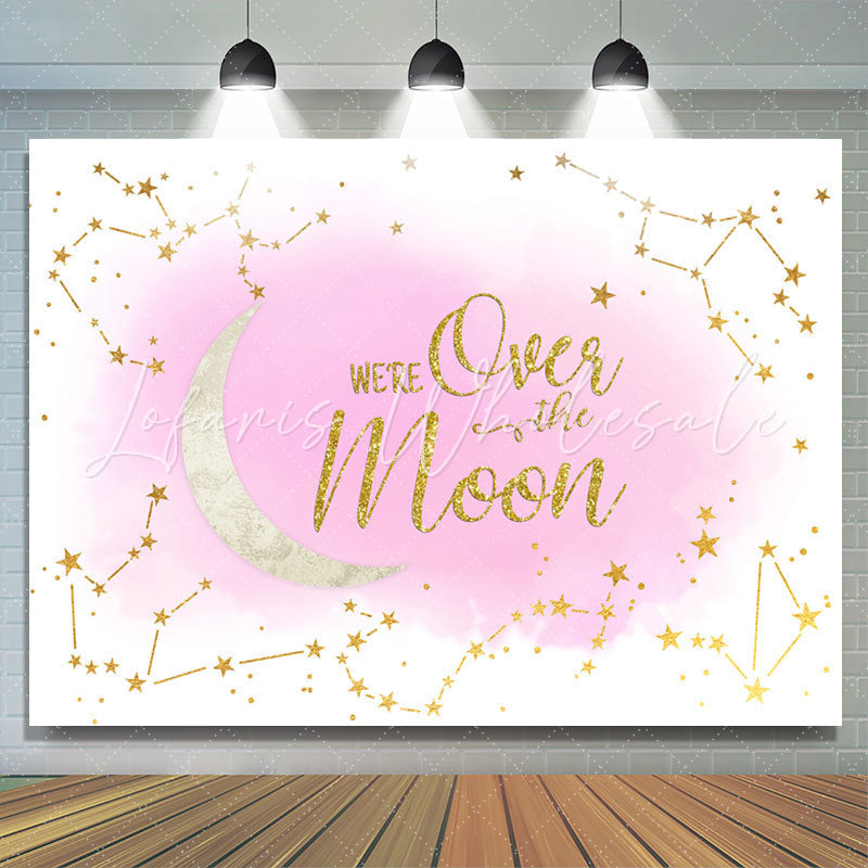 Lofaris We Are Over The Moon Pink Glitter Baby Shower Backdrop