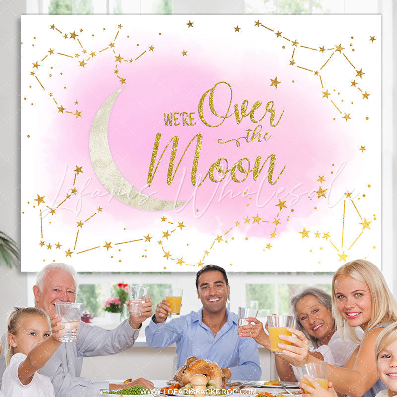 Lofaris We Are Over The Moon Pink Glitter Baby Shower Backdrop