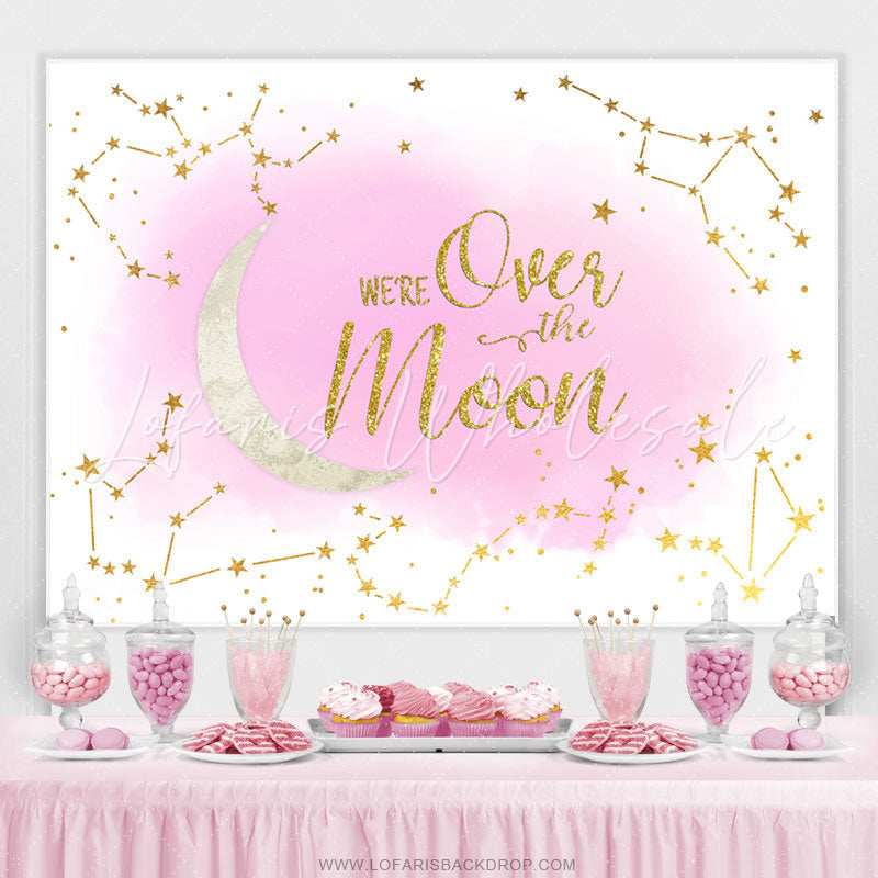 Lofaris We Are Over The Moon Pink Glitter Baby Shower Backdrop