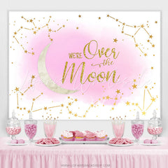 Lofaris We Are Over The Moon Pink Glitter Baby Shower Backdrop