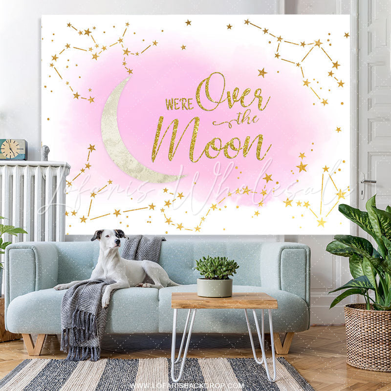 Lofaris We Are Over The Moon Pink Glitter Baby Shower Backdrop