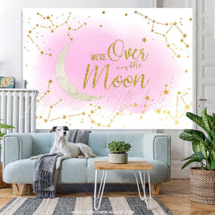Lofaris We Are Over The Moon Pink Glitter Baby Shower Backdrop
