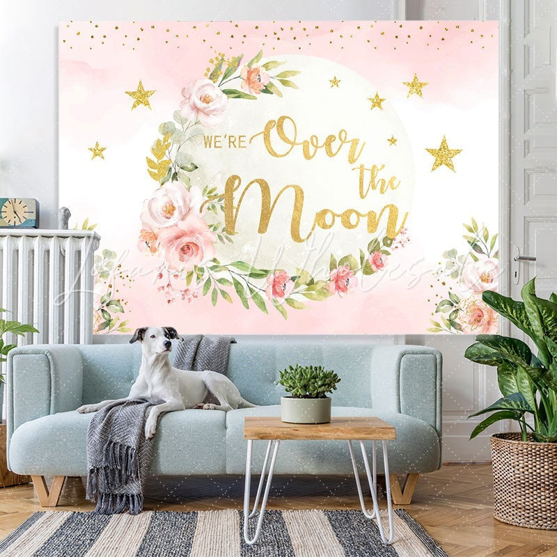 Lofaris We Are Over The Moon Pinl Glitter Baby Shower Backdrop