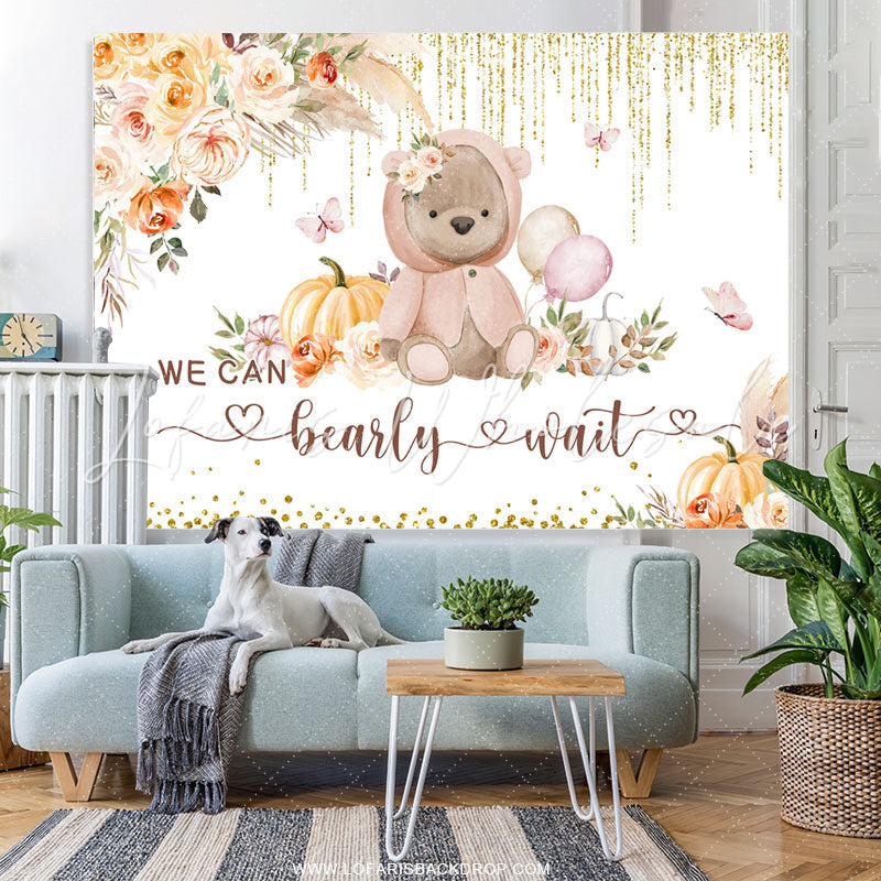 Lofaris We Can Bearly Wait Light Khaki Floral Baby Shower Backdrop