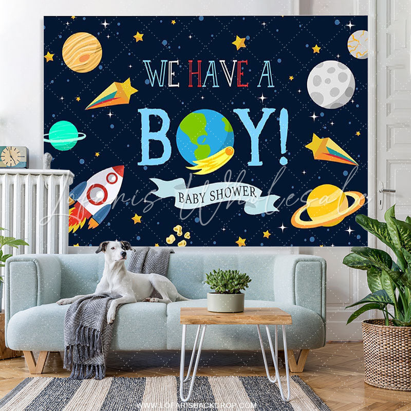 Lofaris We Have A Boy Space Rocket Theme Baby Shower Backdrop