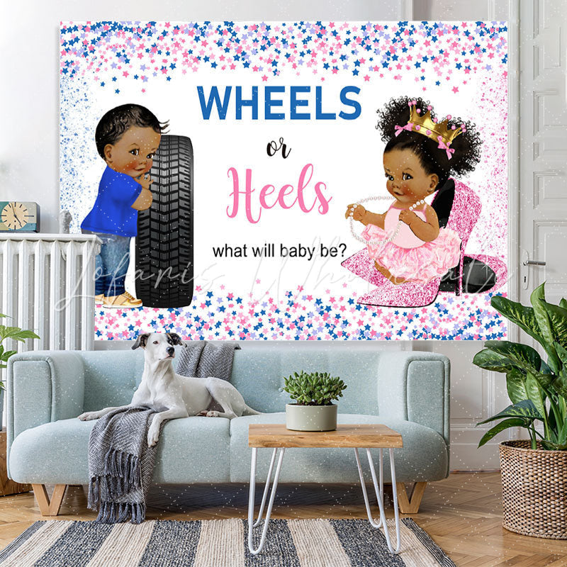Lofaris Wheels Or Heels Pink and Blue Star Baby Shower Backdorp