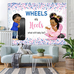 Lofaris Wheels Or Heels Pink and Blue Star Baby Shower Backdorp