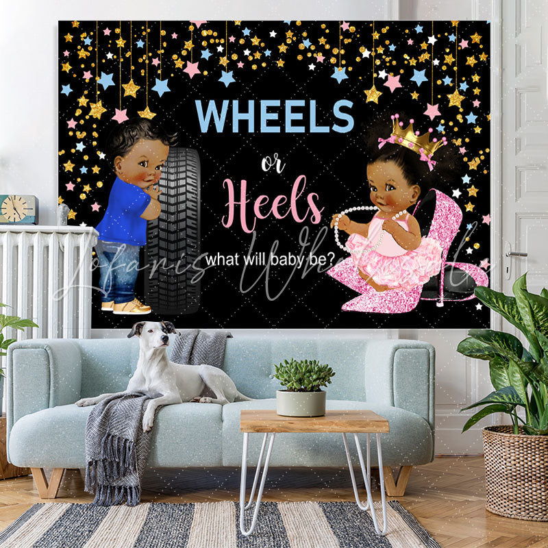 Lofaris Wheels Or Heels With Stars Baby shower Backdrop