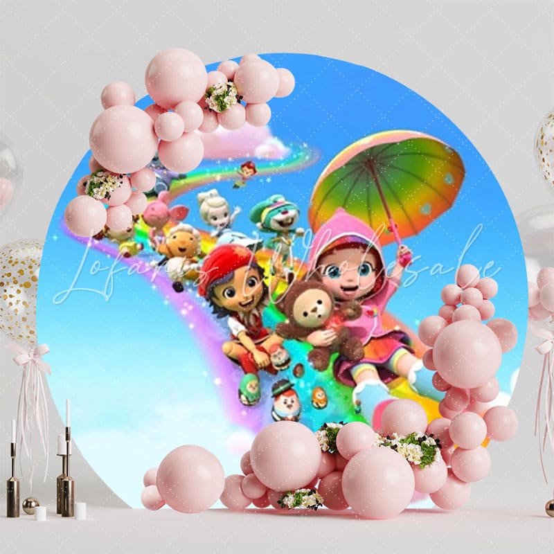 Whimsical Rainbow Ruby Round Backdrop For Colorful Kids Party Theme