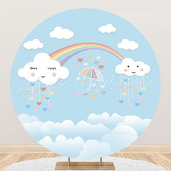 Lofaris White And Blue Clouds Rainbow Birthday Round Backdrop