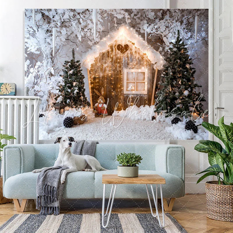 Lofaris White And Glitter House Christmas Trees Winter Backdrop