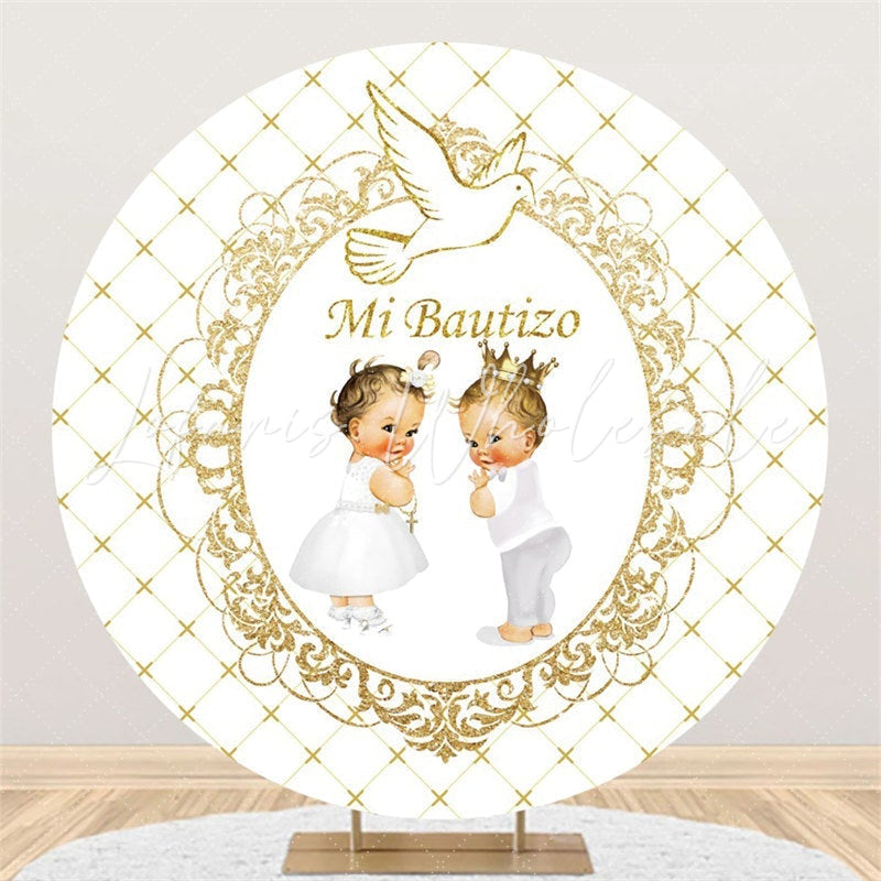 Lofaris White And Golden Themed Round Baby Shower Backdrop