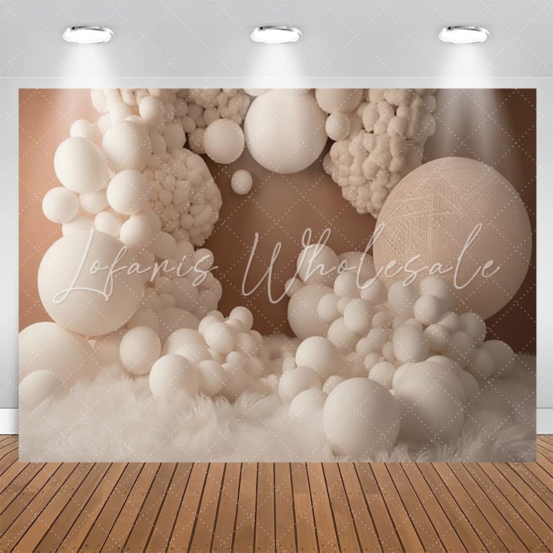 Lofaris White Balloons And Feather Beige Birthday Backdrop