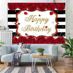 Lofaris White-Black Stripes And Rose Happy Birthday Backdrop