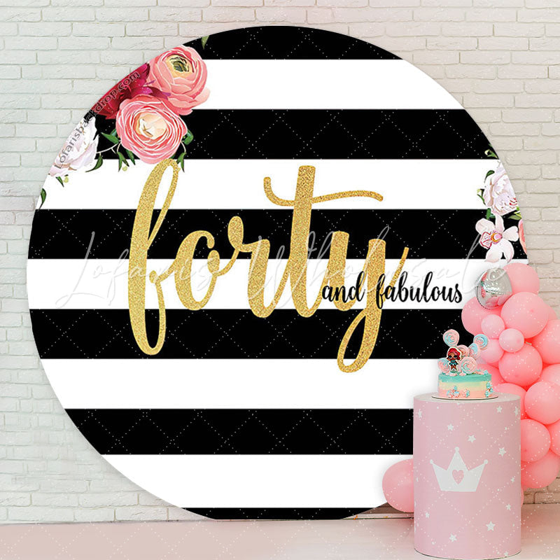 Lofaris White Black Stripes Floral Round Birthday Backdrop