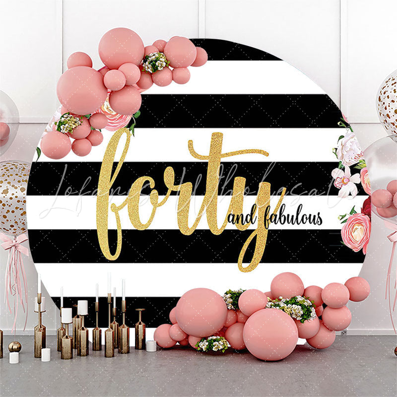 Lofaris White Black Stripes Floral Round Birthday Backdrop