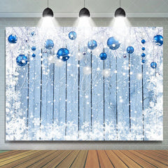Lofaris White Blue Christmas Ball Wooden Snowy Winter Backdrop