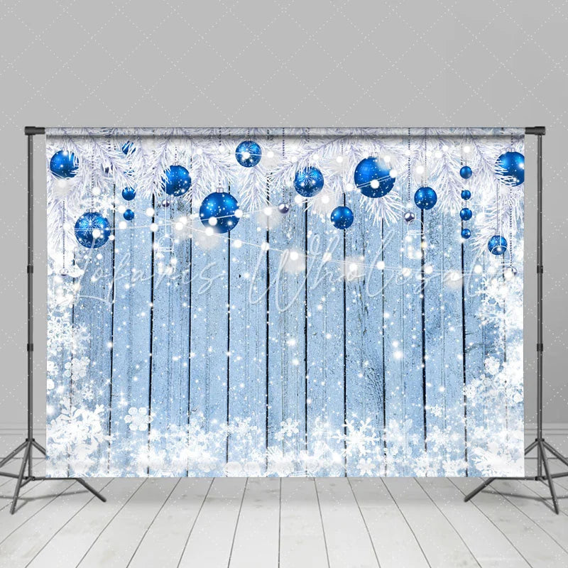 Lofaris White Blue Christmas Ball Wooden Snowy Winter Backdrop